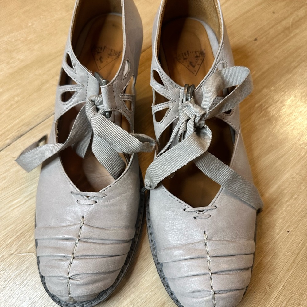 John Fluevog Gray Heels with Vintage Lace-Up Design